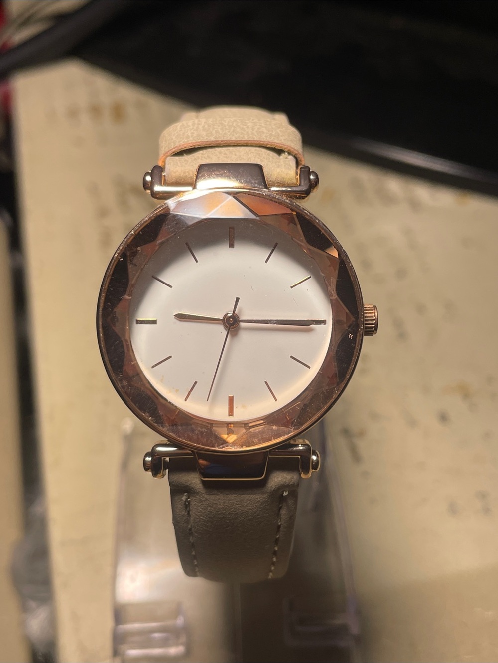 Women's Faceted Crystal Bezel Watch - Cream Strap, Rose Gold Case